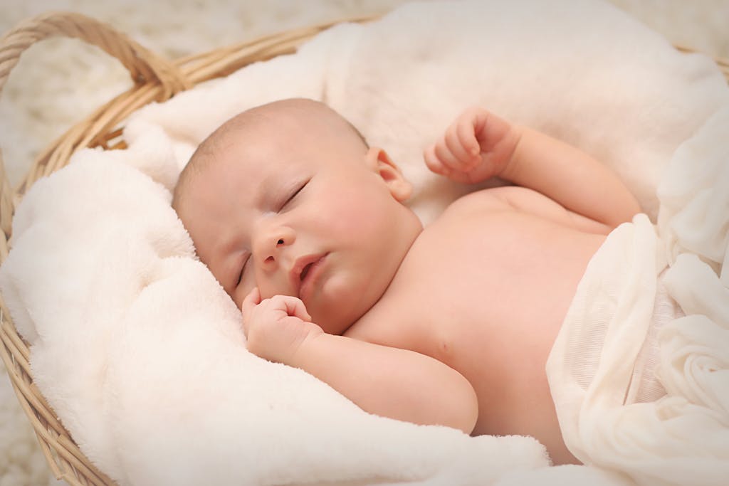 Home A peaceful sleeping baby nestled in a soft, fluffy blanket inside a wicker basket.